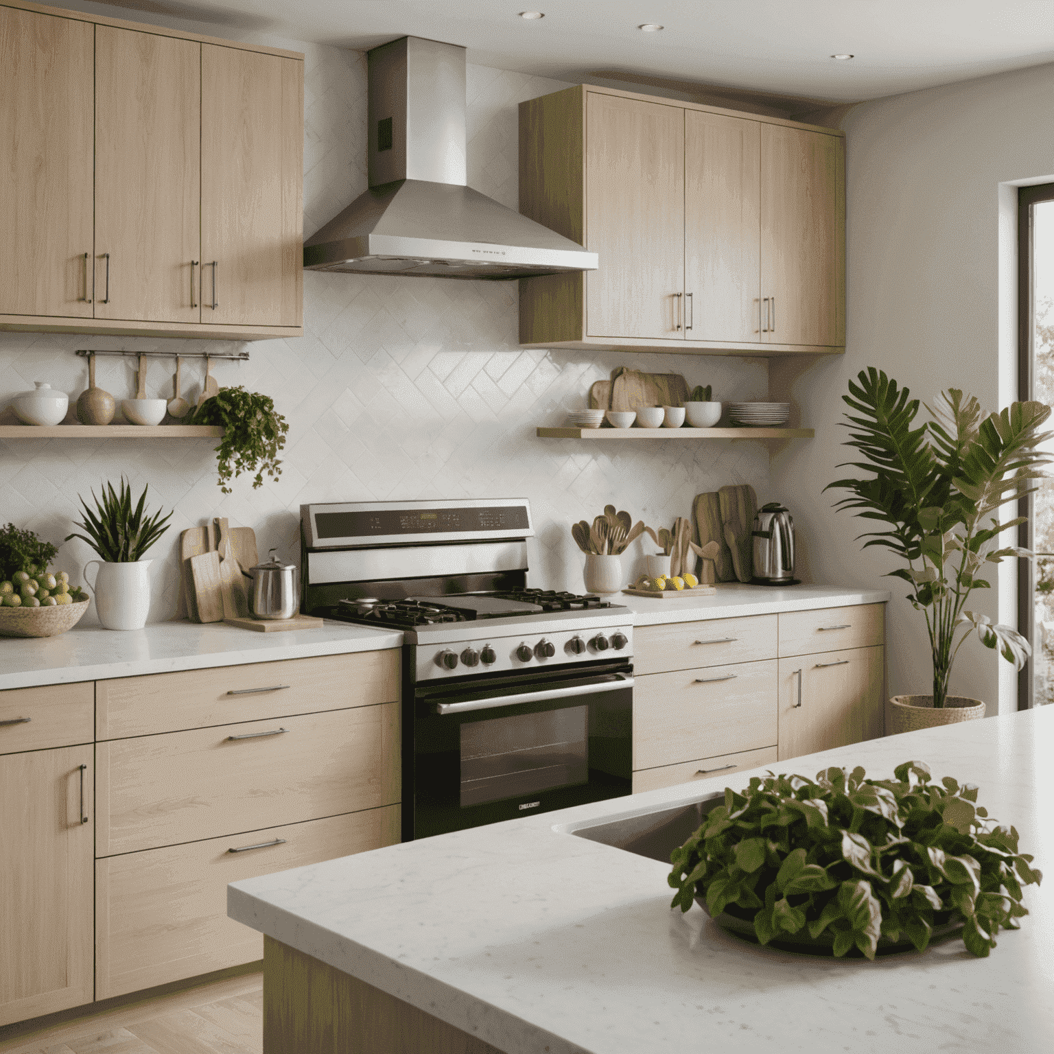 A well-organized, modern kitchen with a focus on functional design. Soft neutral colors dominate, with touches of green plants. A person is preparing a healthy meal on a spacious countertop.