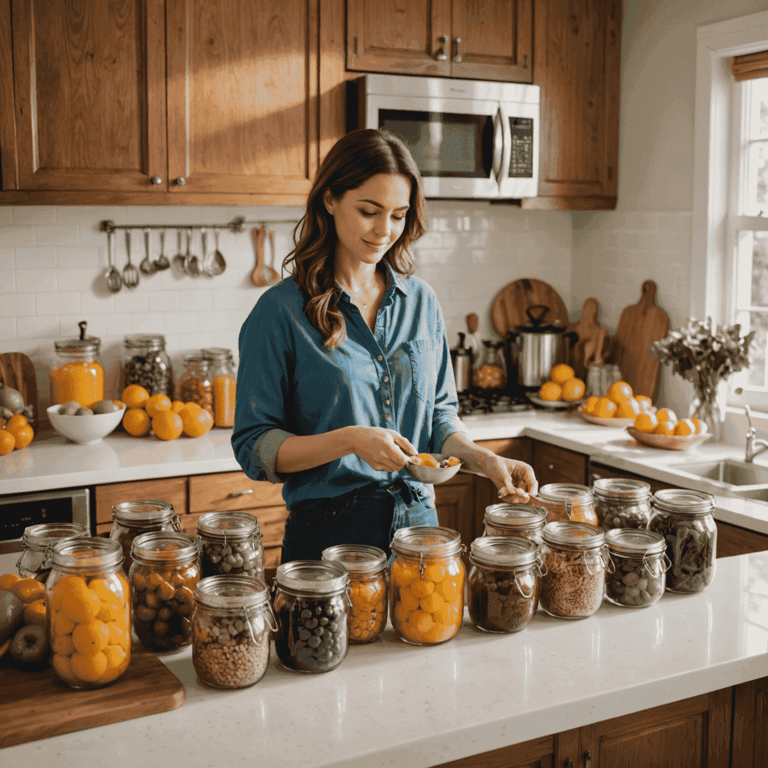 A bright, organized kitchen with clearly labeled jars of healthy ingredients, a fruit bowl, and a person preparing a nutritious meal on a clean countertop.