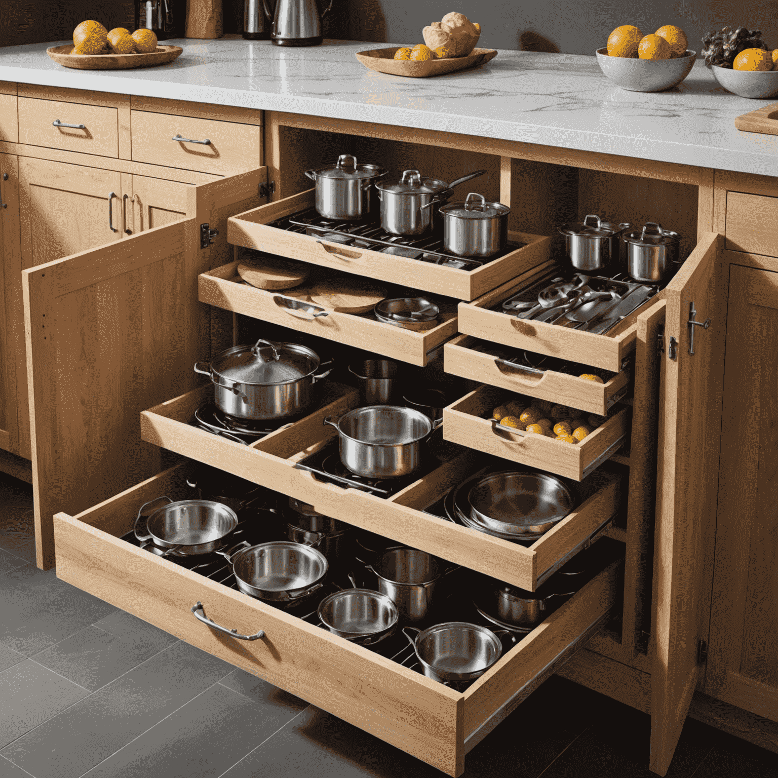 Innovative kitchen storage solutions with organized cupboards and drawers, showcasing space-saving techniques and clever organization systems