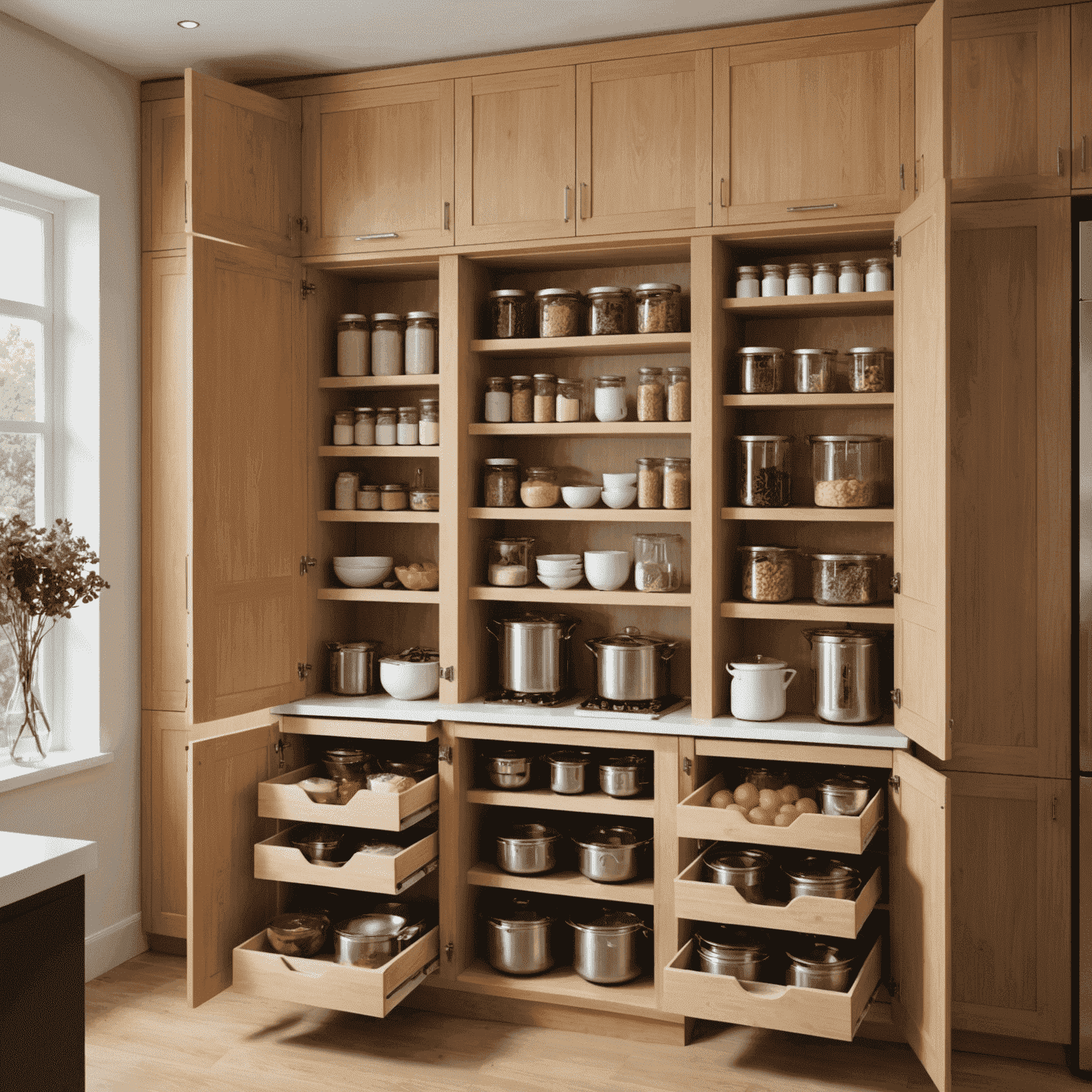 A well-organized kitchen with innovative cupboard designs, featuring pull-out shelves, vertical dividers, and labeled containers