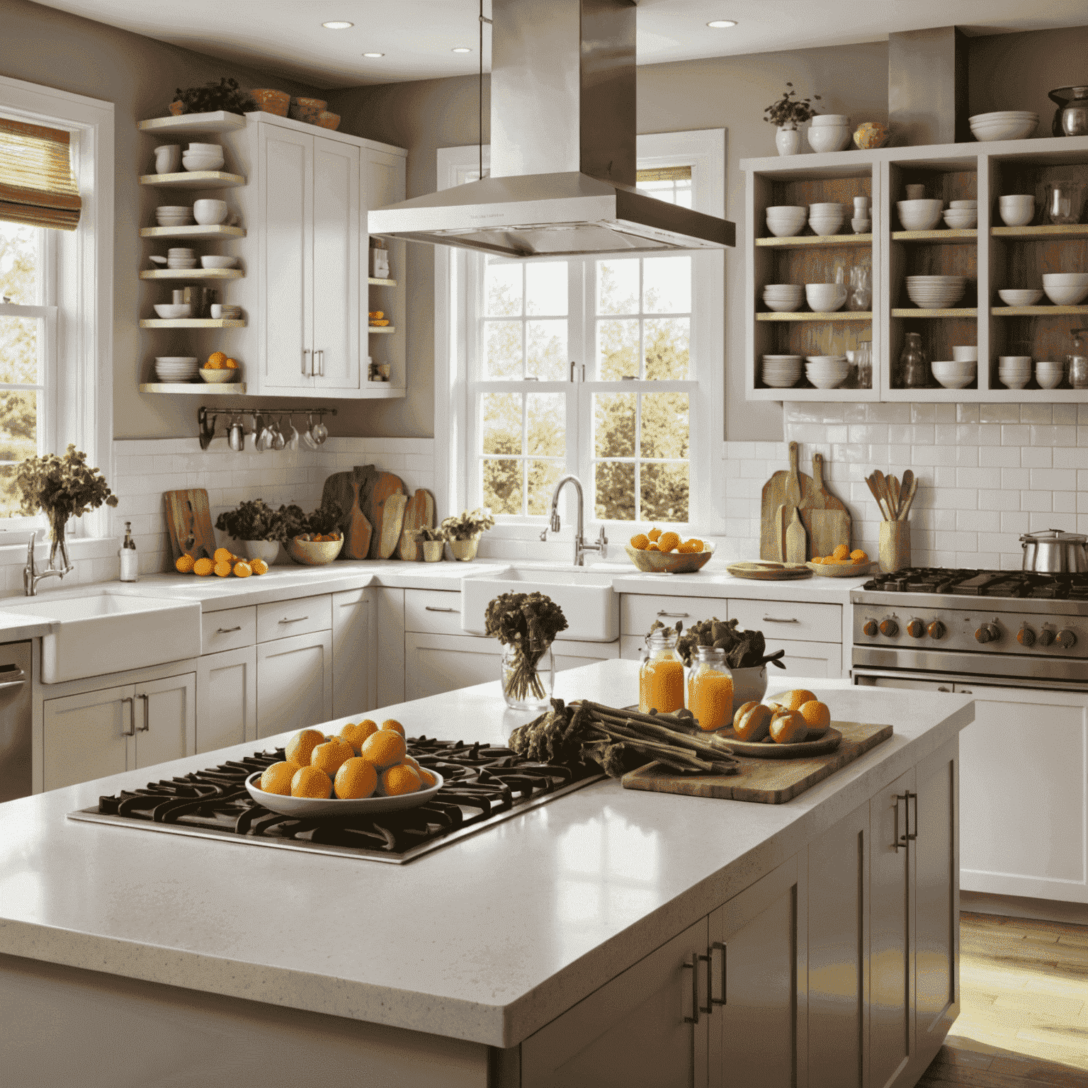 A well-organized, bright kitchen with fresh ingredients on the counter, emphasizing the connection between kitchen design and healthy eating
