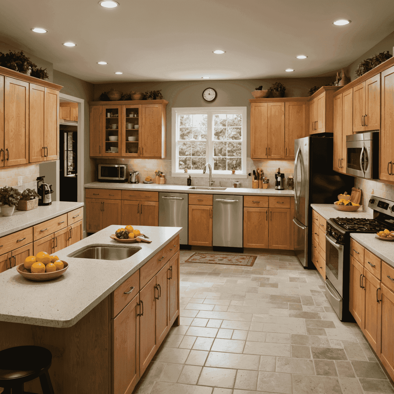 A spacious, well-organized kitchen with low countertops, easily accessible appliances, and clearly labeled storage areas. The layout is open and ergonomic, designed to minimize movement and strain for individuals with exocrine pancreatic insufficiency.