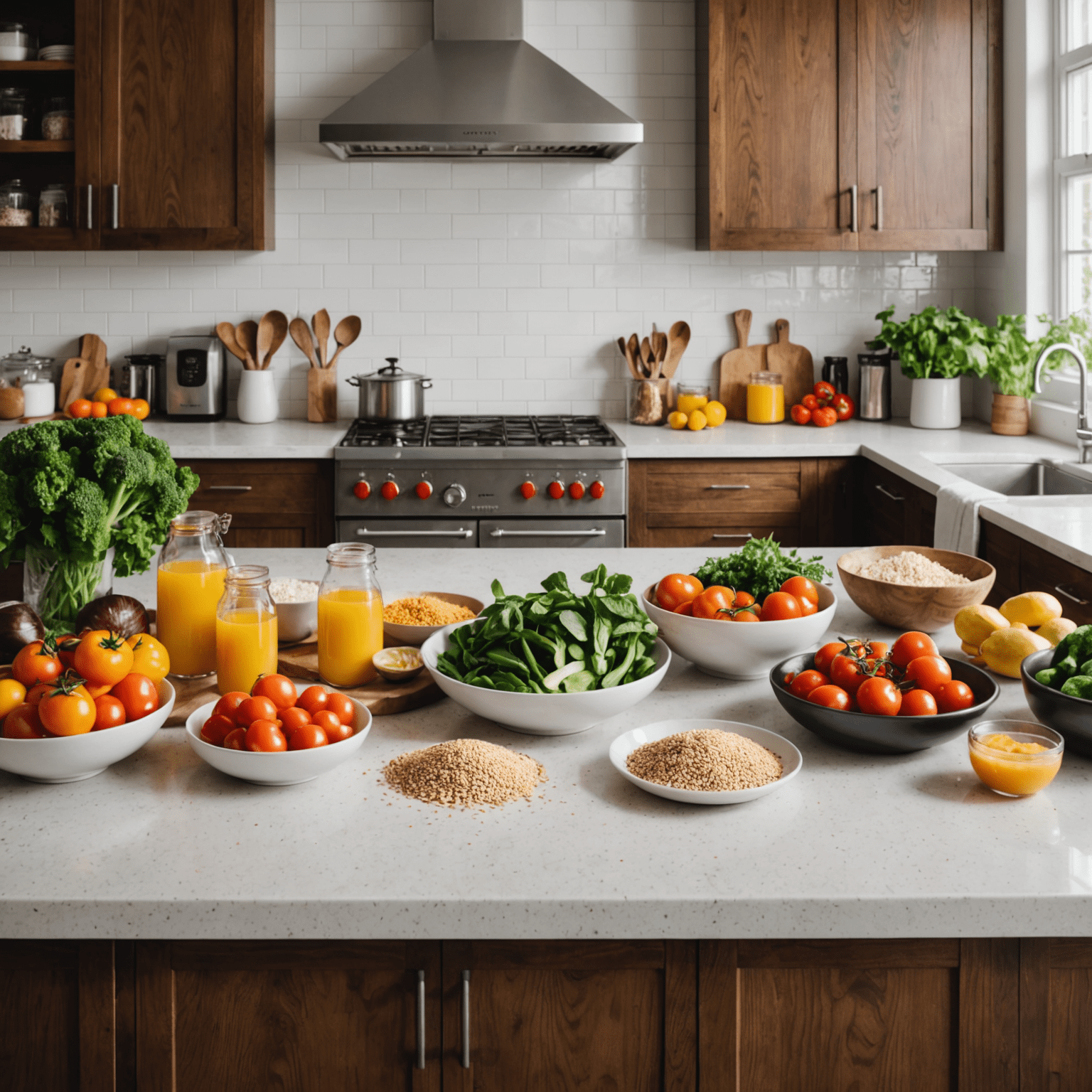 A bright, organized kitchen with fresh ingredients laid out on a clean countertop. Visible are colorful vegetables, whole grains, and fermented foods, all known for their gut-friendly properties.