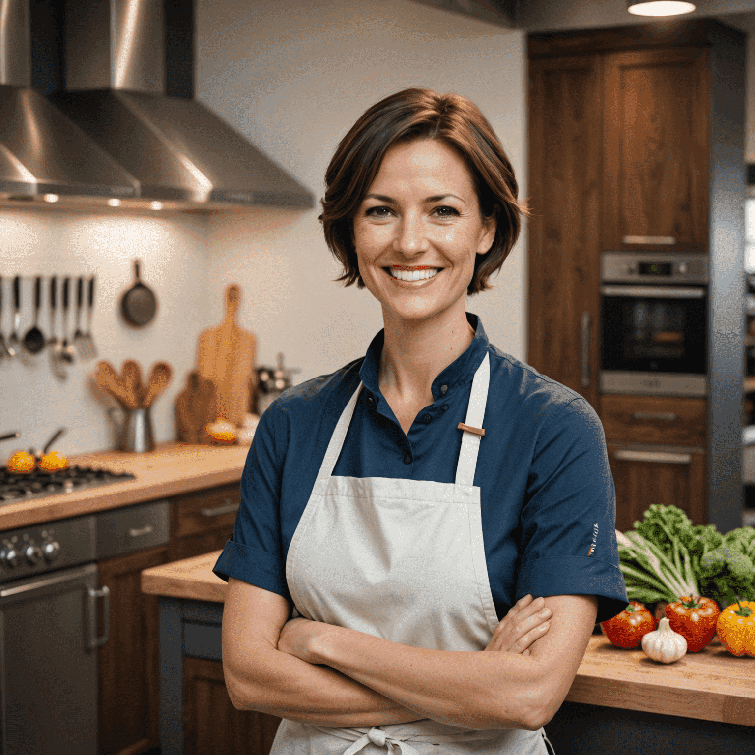 A smiling woman in her 30s with short brown hair, wearing a chef's apron in a modern kitchen setting