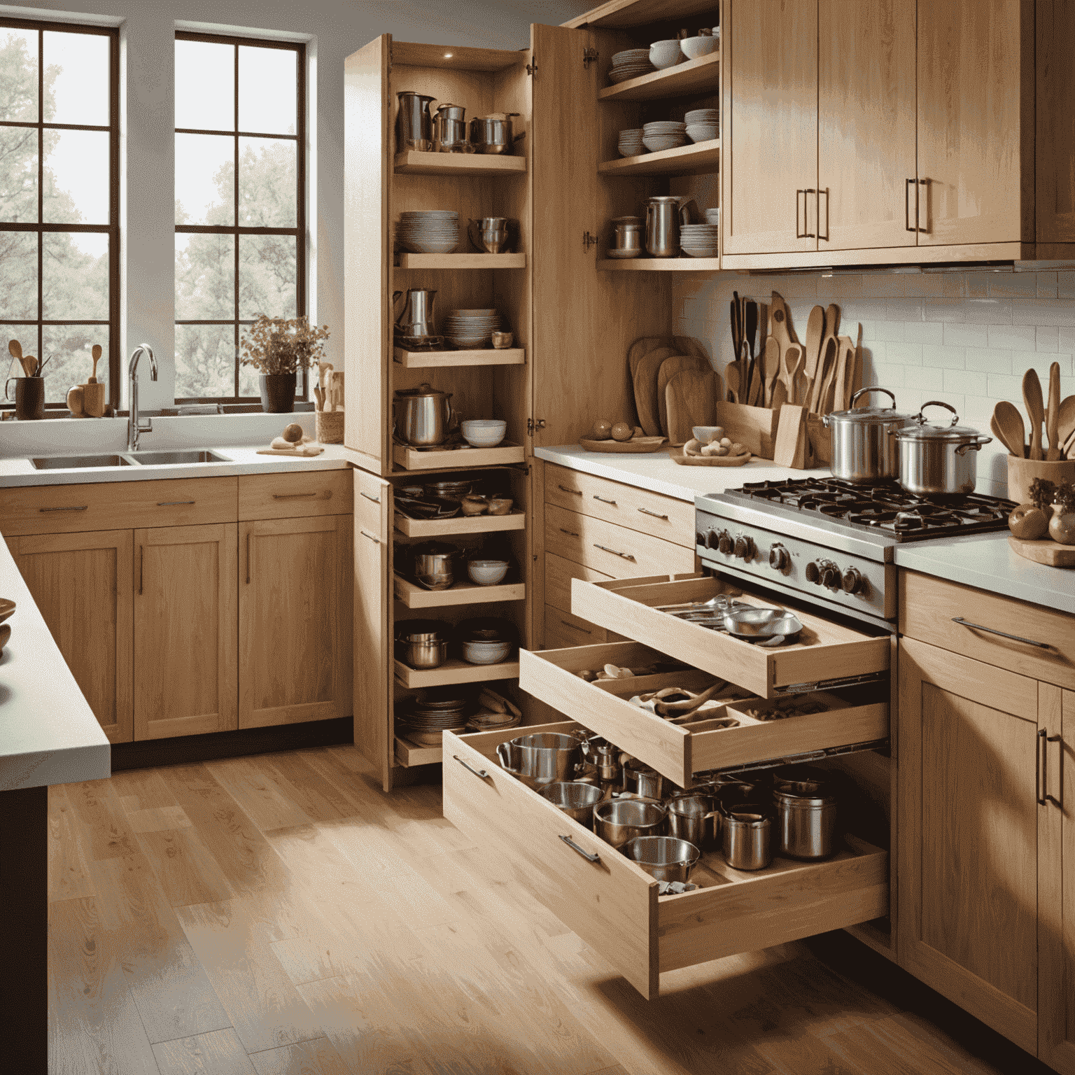 Various kitchen storage solutions including pull-out shelves, hanging racks, and drawer organizers in a modern kitchen setting