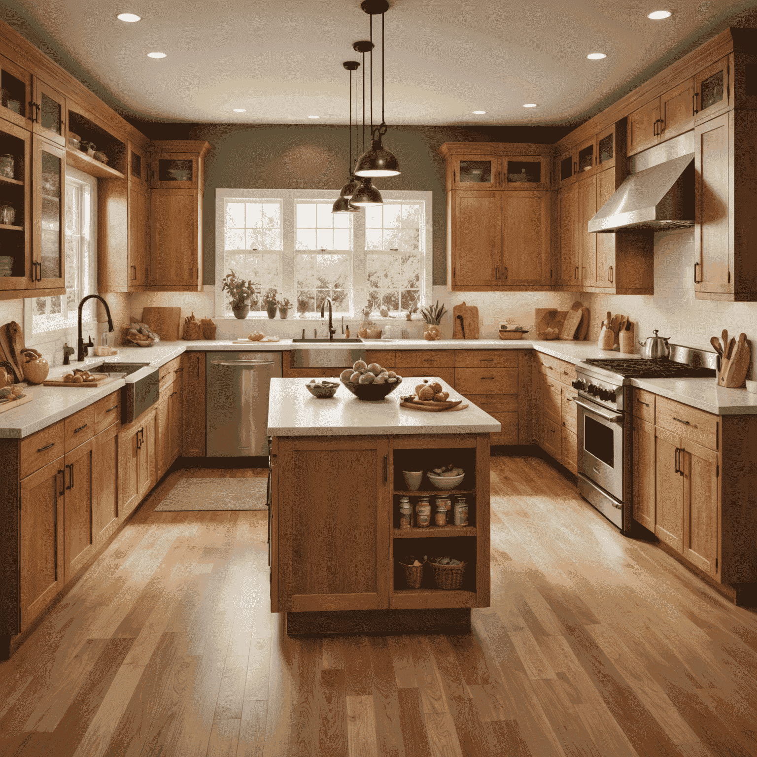 A well-designed kitchen with a focus on healthy eating, featuring a large prep area, organized pantry with whole foods, and a prominent fruit and vegetable display