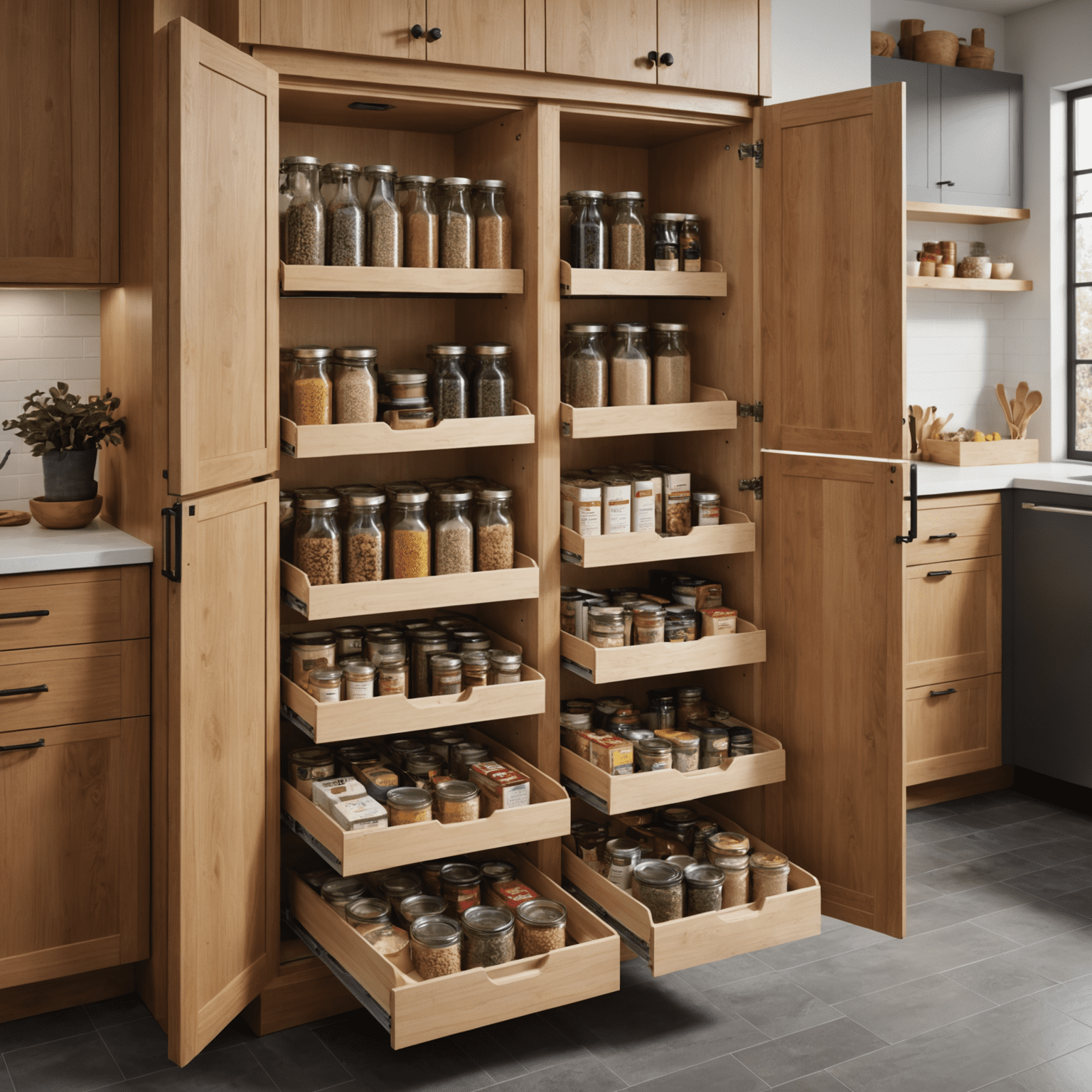 A sleek pull-out pantry system with multiple shelves, showcasing organized dry goods and spices