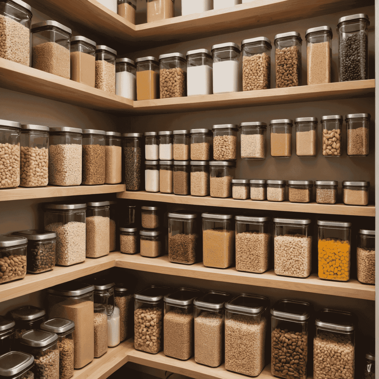 An organized pantry with clear containers filled with whole grains, legumes, and healthy snacks
