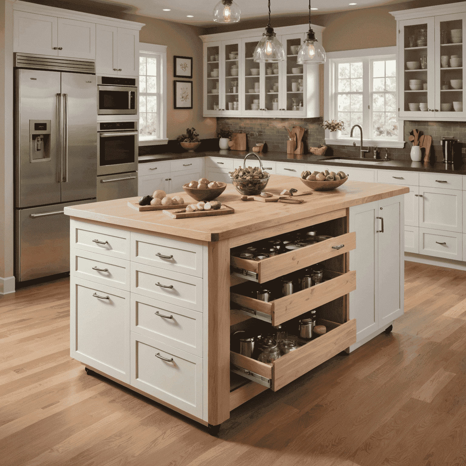 A kitchen island with multiple height levels, featuring a built-in medication organizer, clearly labeled drawers, and ergonomically placed small appliances. The island is surrounded by comfortable seating options for rest during meal preparation.