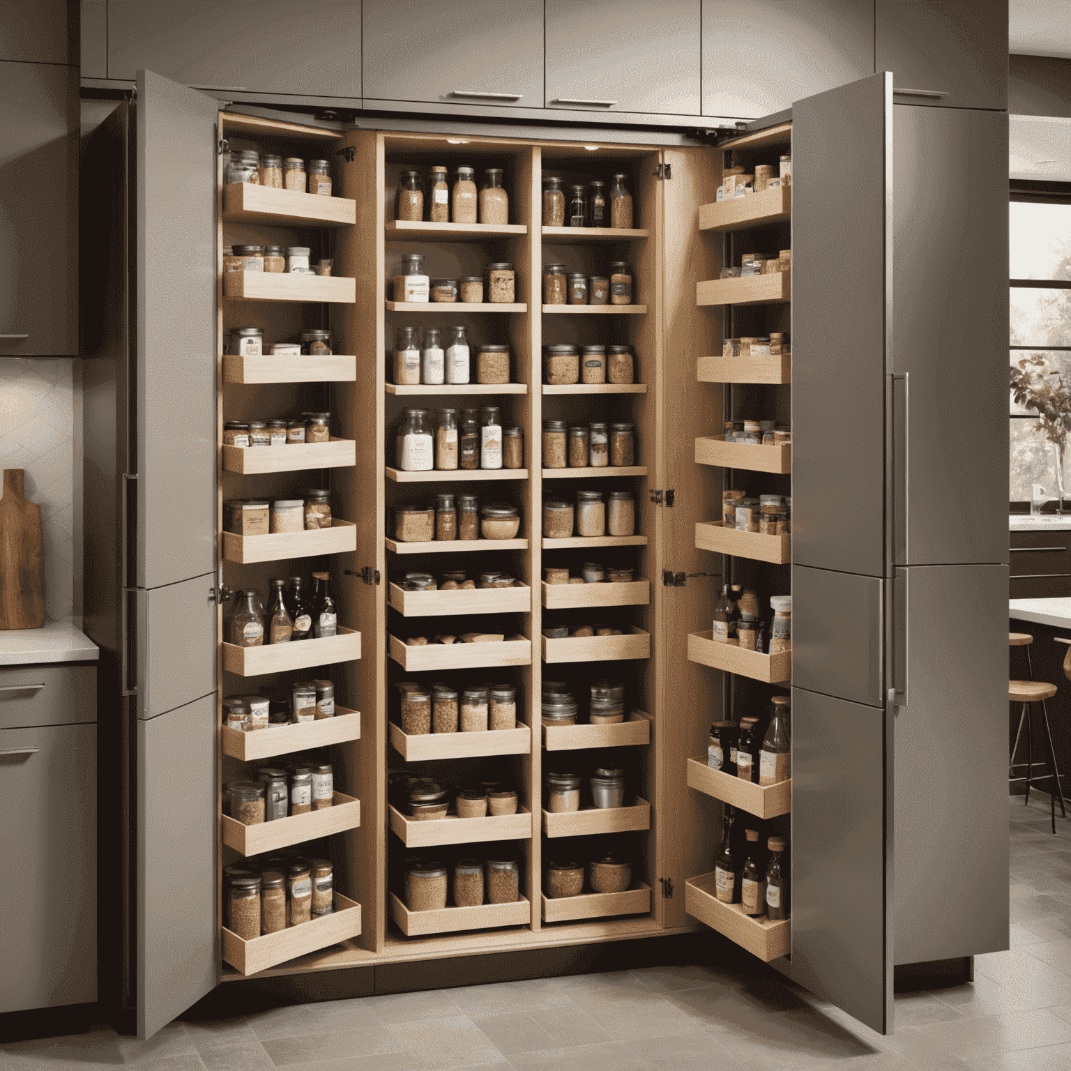 Innovative pull-out pantry system in a sleek, neutral-toned kitchen