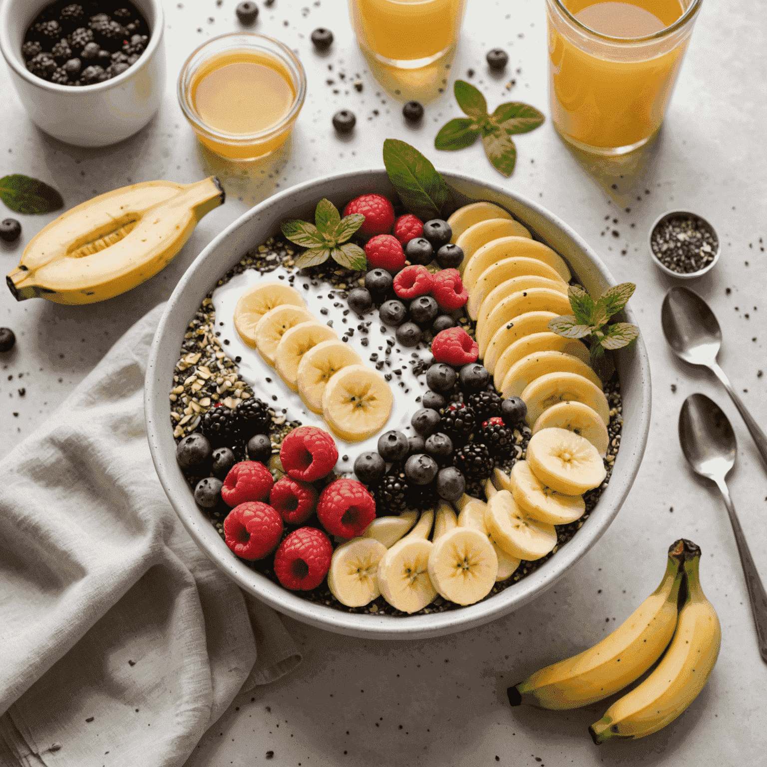 A beautifully arranged breakfast bowl filled with yogurt, sliced bananas, berries, chia seeds, and a drizzle of honey, placed on a light-colored countertop next to a small potted herb.