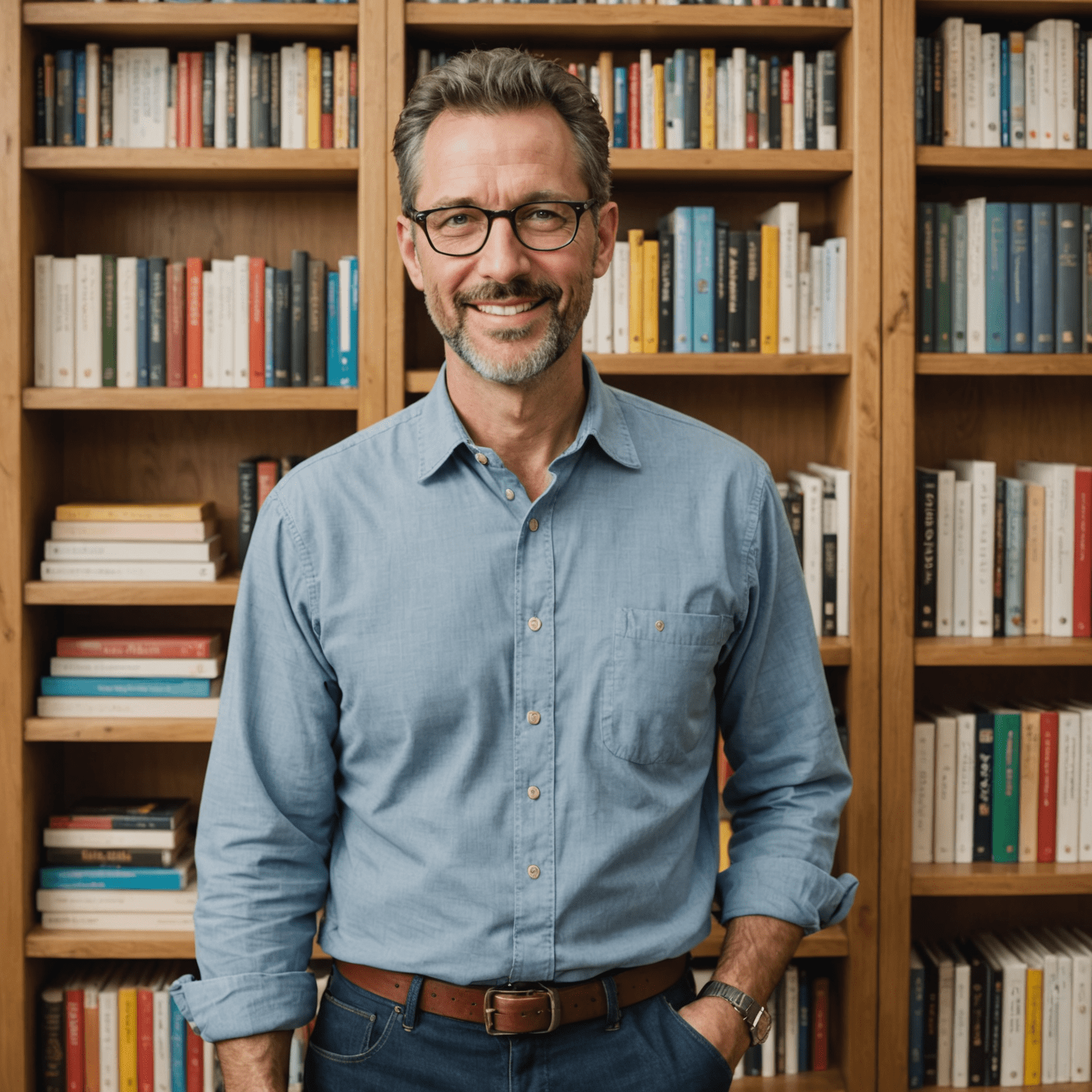 A friendly-looking man in his 40s with glasses, wearing a casual button-up shirt, standing in front of bookshelves filled with cookbooks and nutrition guides