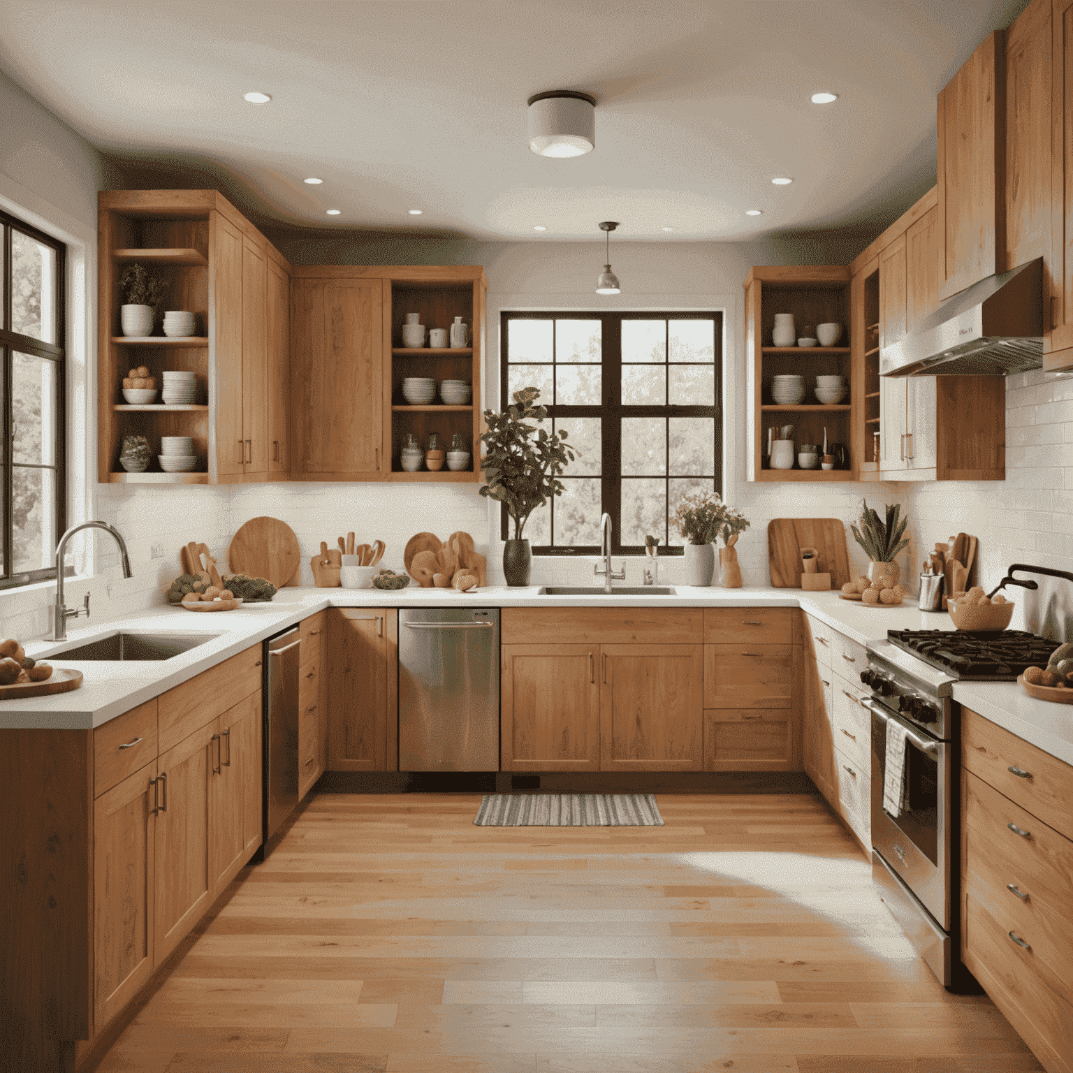A clean, organized kitchen with a focus on whole foods, a prominent fruit bowl, and visible storage for healthy ingredients