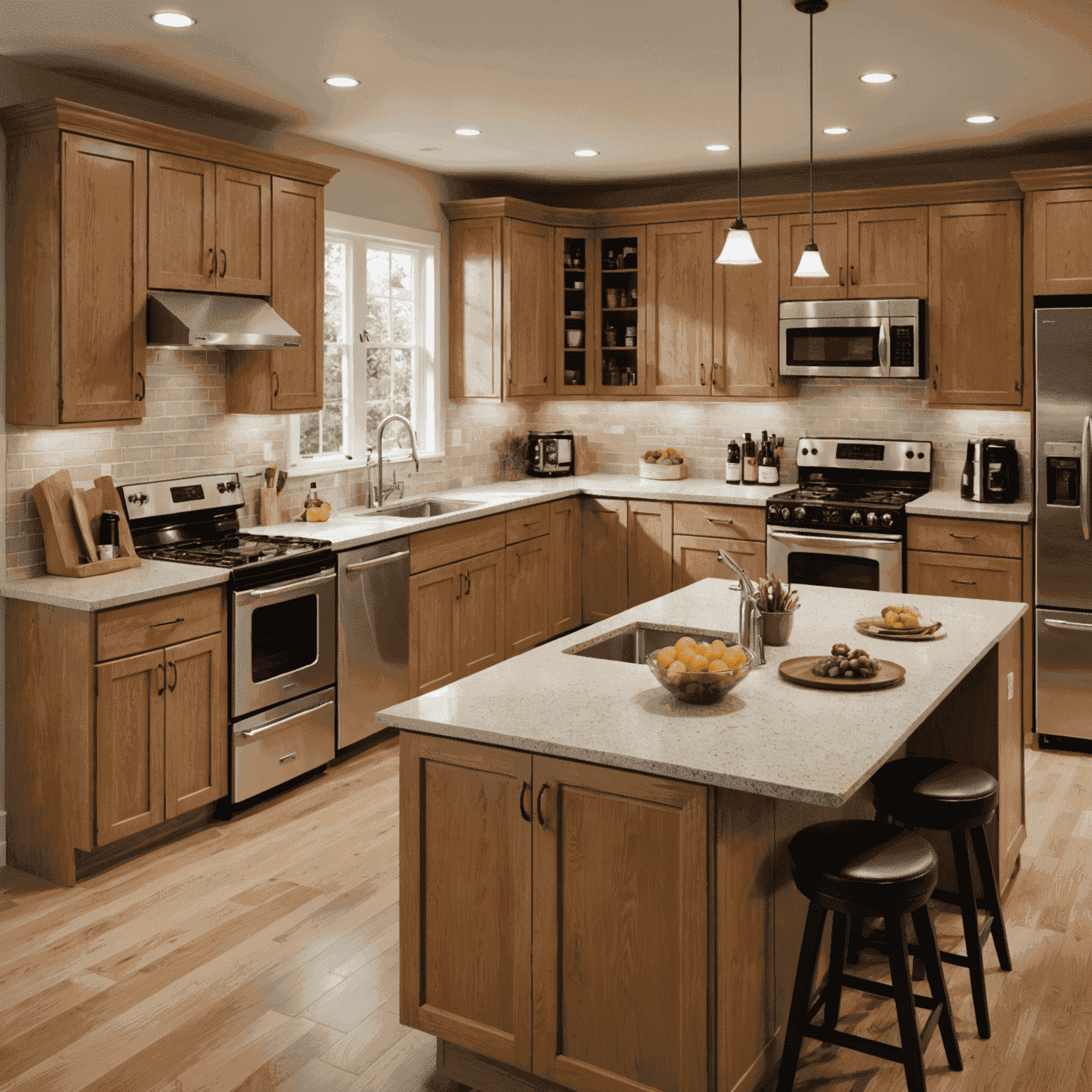 A kitchen layout designed for easy access and comfort, with lowered countertops, ergonomic appliances, and specialized storage for dietary supplements and medications