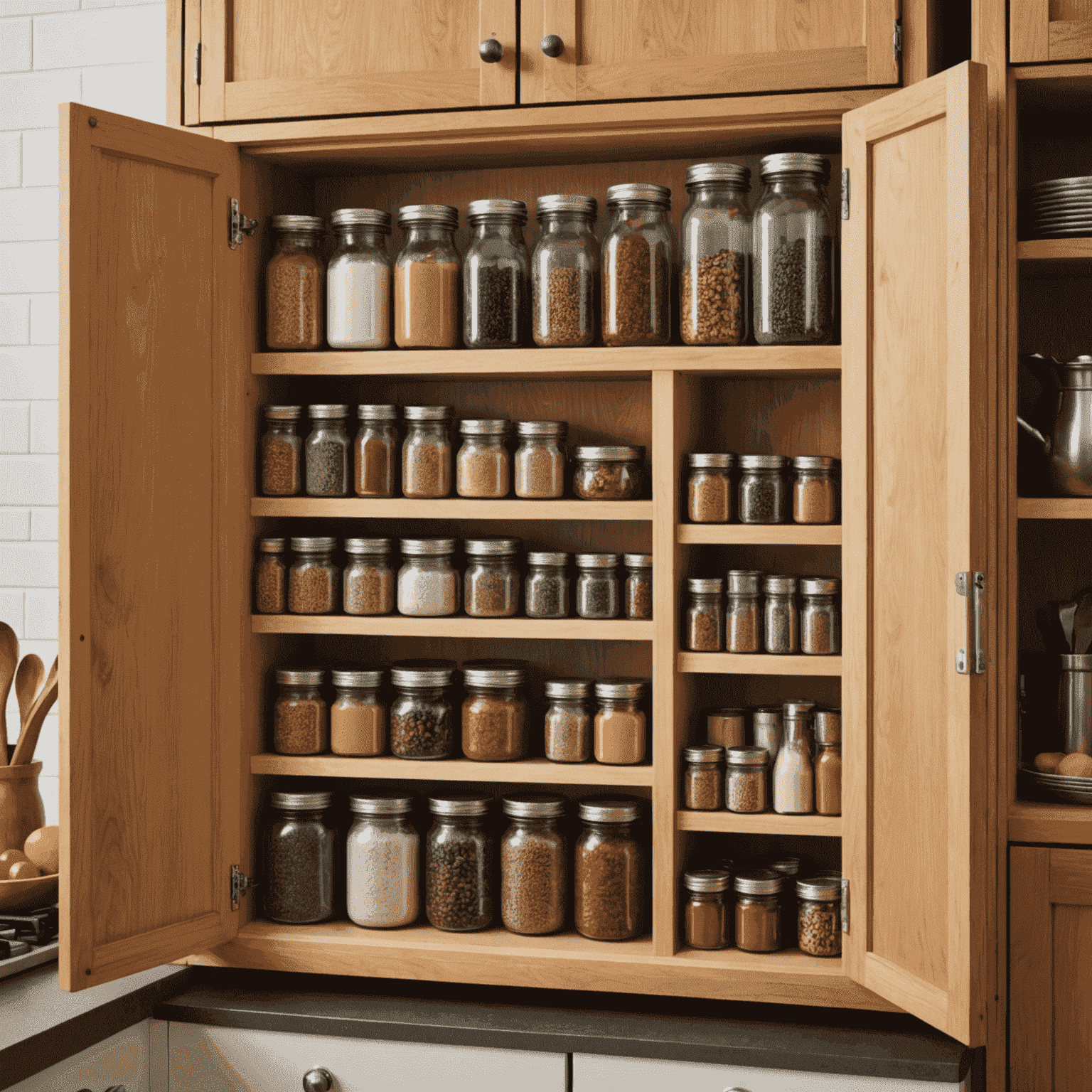 An open cupboard door with an over-the-door organizer holding various spices and cooking utensils