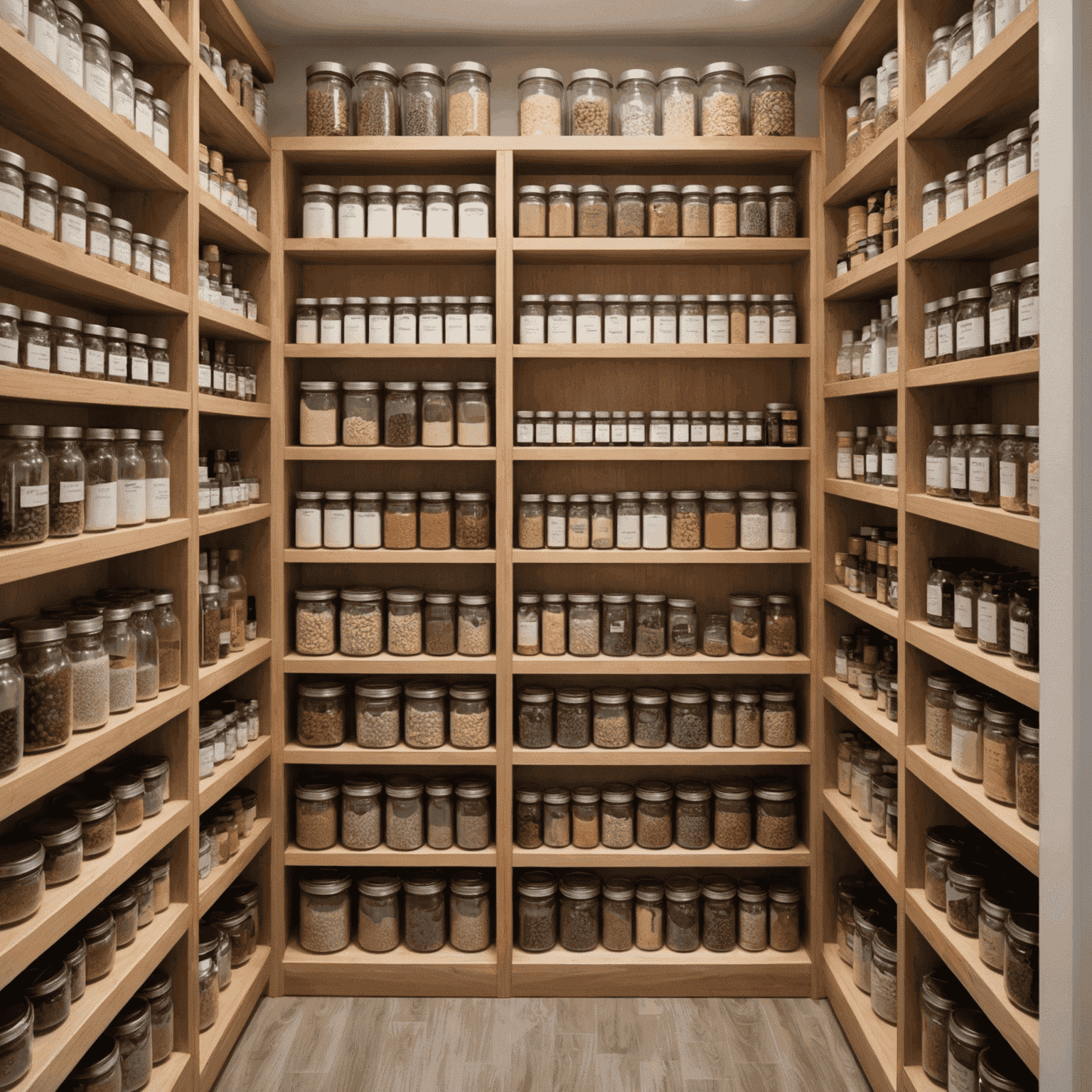 A well-organized pantry with clear containers, color-coded labels, and pull-out shelves. The pantry includes a dedicated section for dietary supplements and enzymes, all within easy reach and clearly visible.