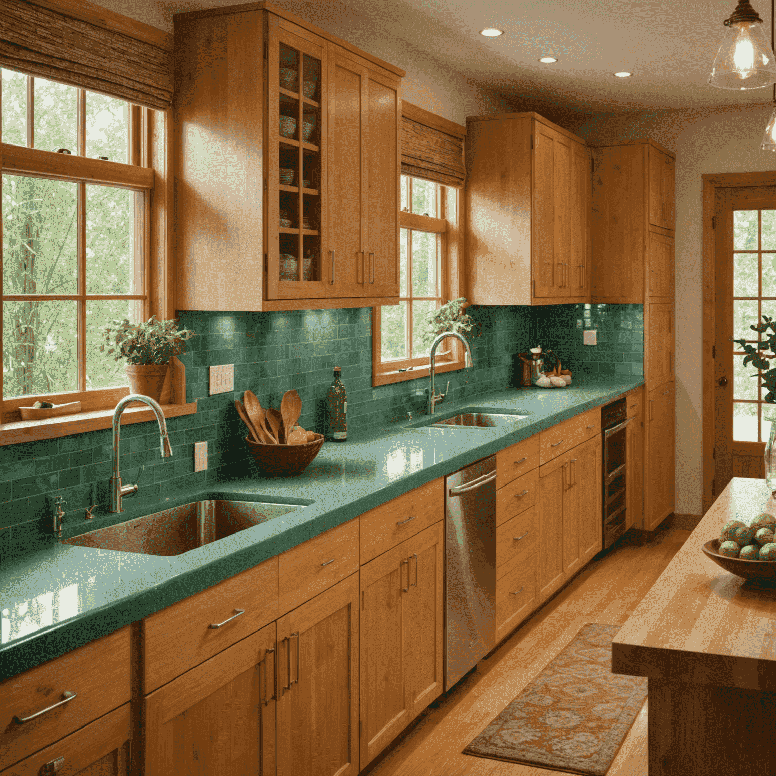 Eco-friendly kitchen featuring recycled glass countertops and bamboo cabinetry