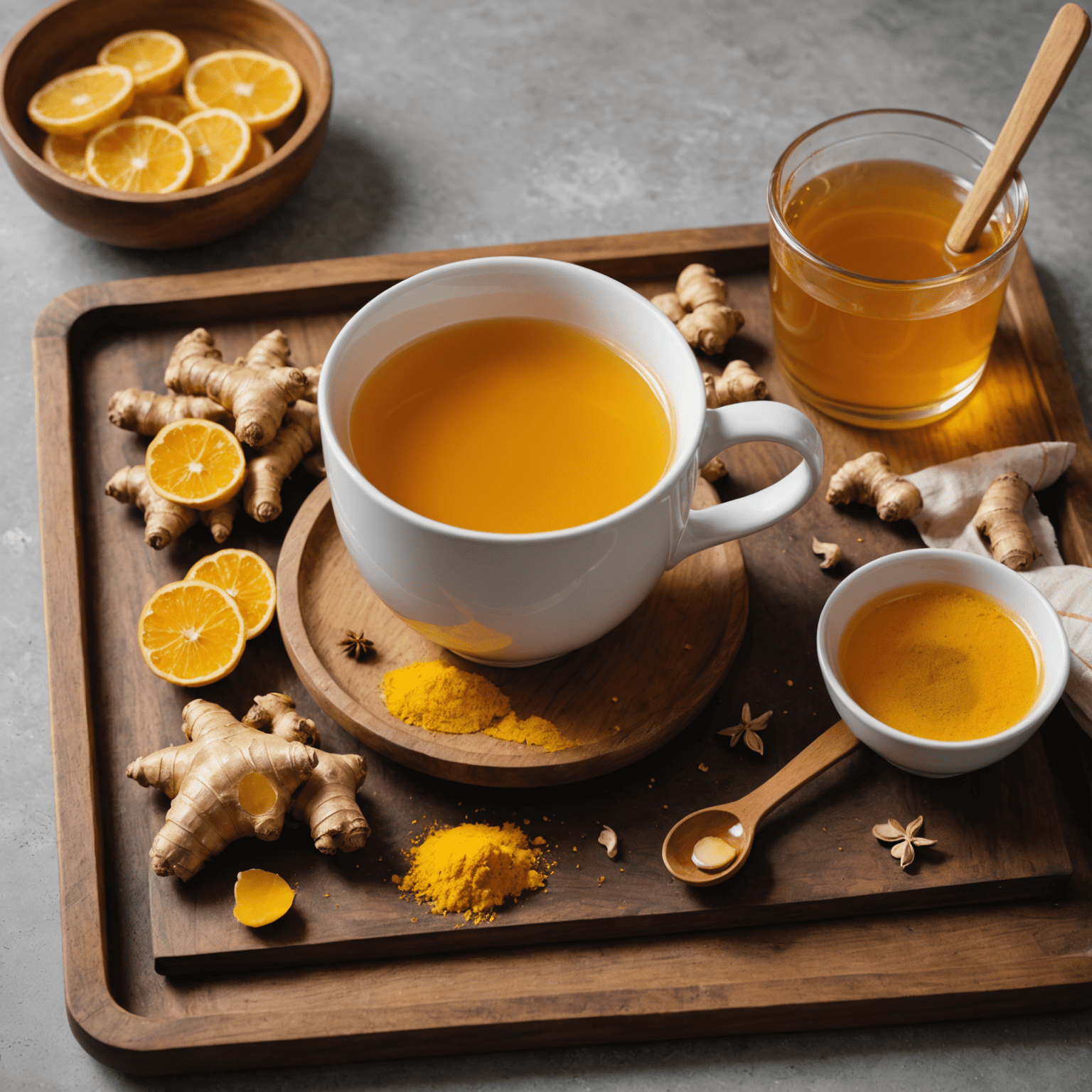 A steaming mug of golden-colored ginger turmeric tea on a wooden tray, surrounded by fresh ginger root, turmeric powder, and a small pot of honey. The background shows a tidy, minimalist kitchen corner.
