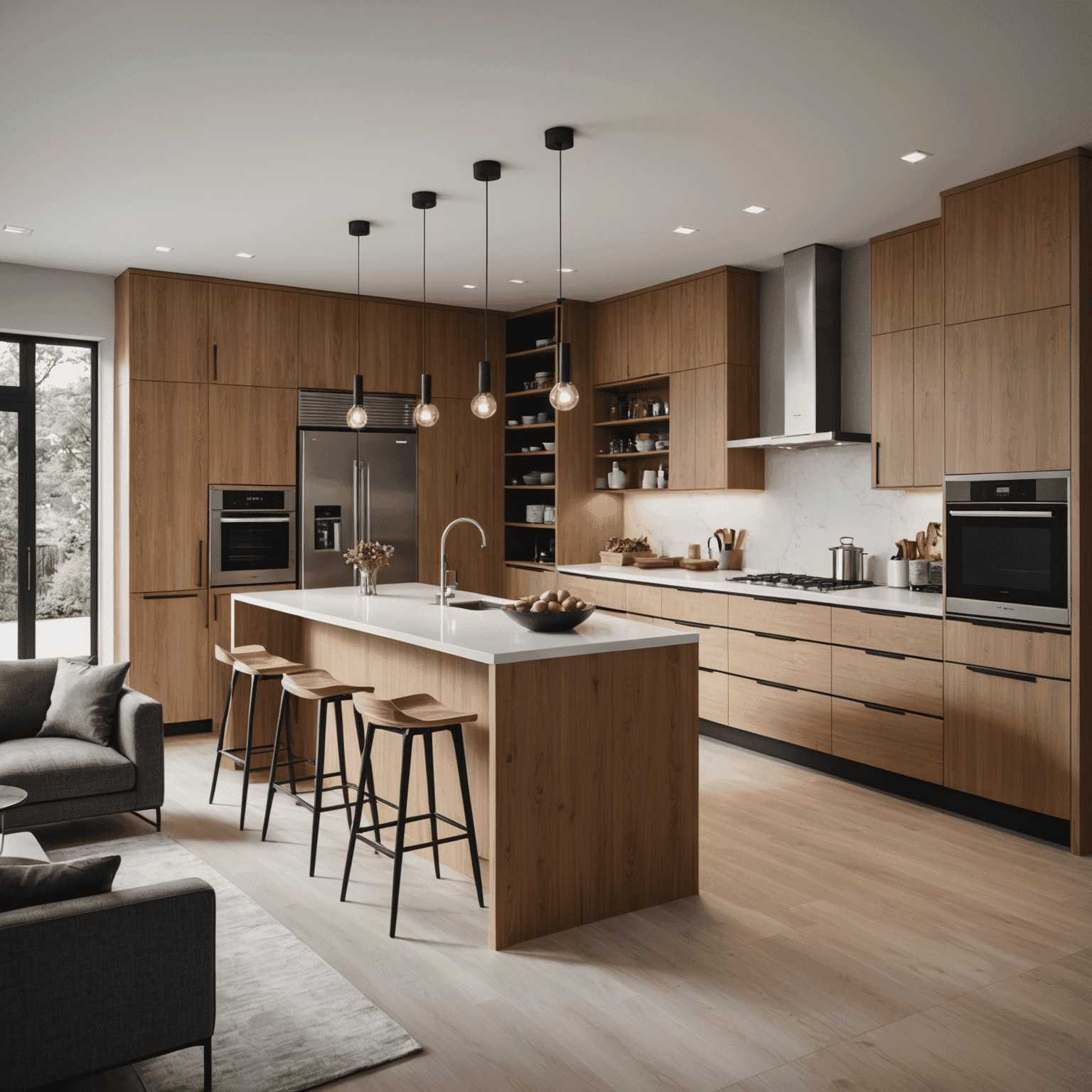 A modern Canadian kitchen featuring sleek cabinetry, natural materials, smart appliances, and an open concept design that blends functionality with style