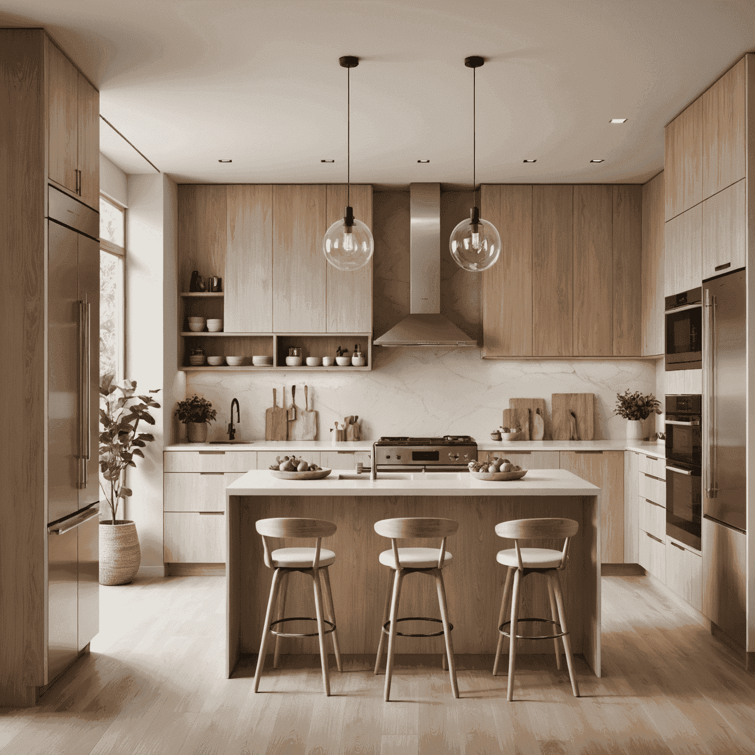 Modern kitchen with a soft neutral color palette and natural wood accents