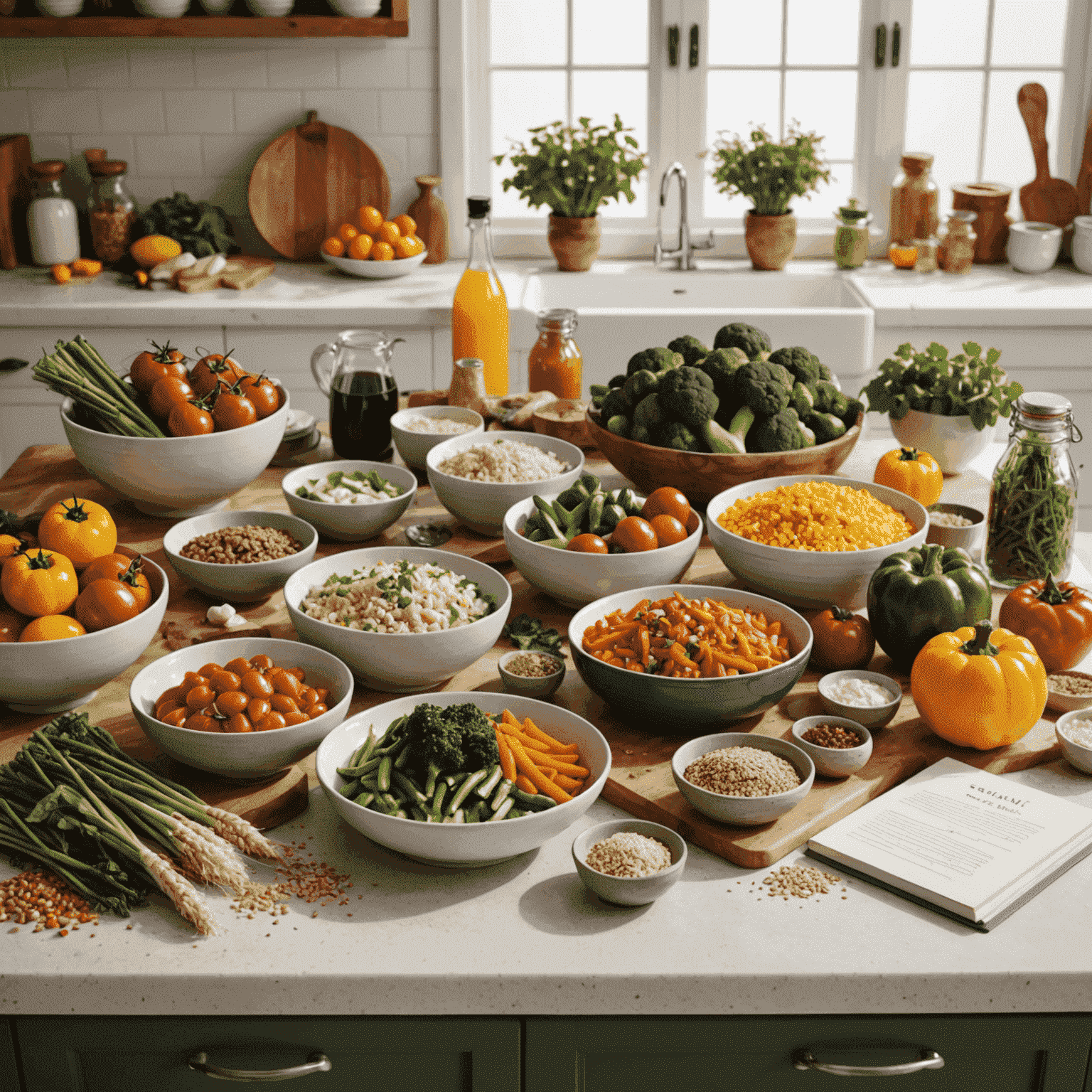 A kitchen counter with various gut-friendly ingredients and a recipe book, showcasing colorful vegetables, fermented foods, and whole grains ready for meal preparation